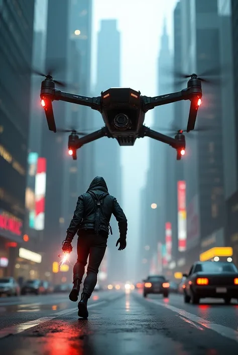 cyberpunk-style robber flees from a huge quadcopter shooting at cars