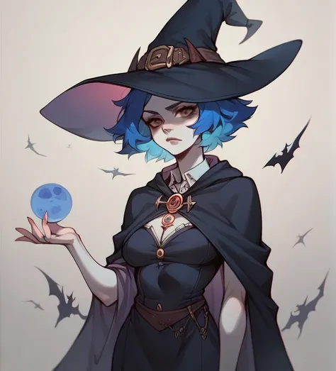 halfbody ilustration, female human, witch, wearing a witch clothes with details, white skin tone, short blue hair, neutral pose