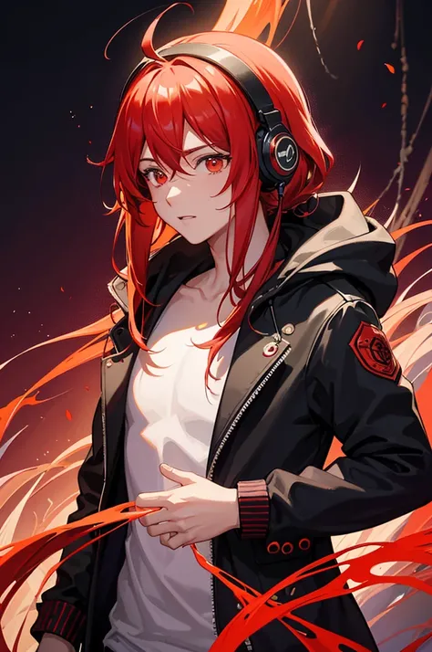 A stunning, colorful artwork featuring, leader boy with red headphones, red hair and black jacket with hood,using a mix DJ , recognizing the artist who created this breathtaking masterpiece. The scene takes place in an enchanted autum orange forest with se...