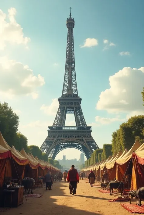 The Eiffel Tower with a nomad camp around 