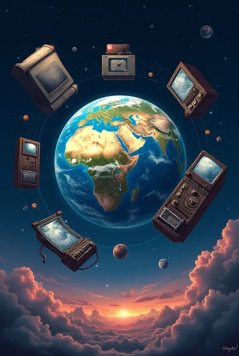 Planet Earth with several ren around showing the evolution of the media. Must be illustrated in  .