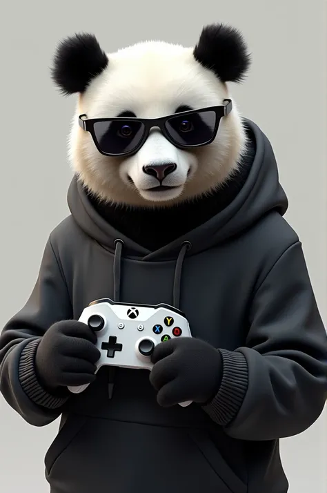 A panda with pit viper sunglasses, a hoodie, and a xbox controller  loking at the camera