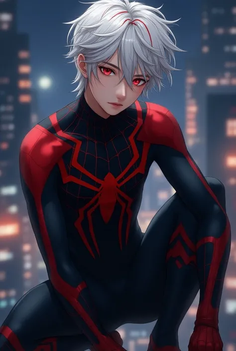 Anime Boy, Male, Handsome,Cute,White hair with Red stripes on it,Abyss Red eyes pupils, Black hoodie and black pants, Spiderman suit Black and red,Spiderman,Midnight and Big city background, Spiderman Black and red mask