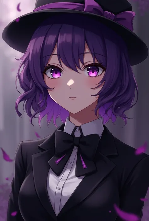 1girl, black hat with purple stripe, black suit, bow on hat, bow tie, purple hair, purple eyes, purple effects, detailed background, detailed hair, epic, serious view, portrait, anime style