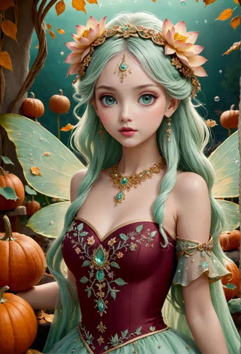 Create a drawing with a completely LOTUS POND BACKGROUND, but adorned with various elements such as pumpkins, dry leaves and mists. a cute FAIRY animated girl, beautiful detailed eyes, beautiful detailed lips, extremely detailed eyes and face, long eyelash...