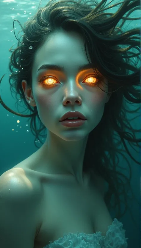 photo:  under water woman mysterious flickering look,  will look at your soul with a threat and promise , eyes are glowing, light in the eyes, cheese, sensually, Emotional surrealist art, beautiful and creepy, mermaid, long flowing hair,  around long algae...