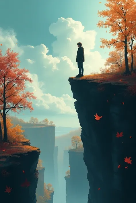  imagine a person ,  standing on the edge of a cliff ,  with an unsettling expression on his face .  There are bright elements of nature around him :  changing trees ,  falling leaves and clouds ,  moving in the sky .  This symbolizes imminent change.