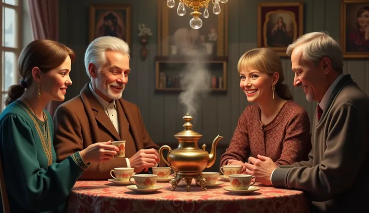 photo realism. Russia. A picture of a house ,  where the family gathers at a table with a samovar ,  with cups and cup holders ,  demonstrating the warmth and joy of drinking tea together.