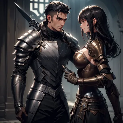 "(((Masterpiece, ultra quality, hyper-detailed, realistic anime style, SDXL, 8K resolution, RTX, perfect pixel, depth of field, cinematic lighting, dynamic shadows, high contrast, highly detailed textures))), a man and a woman warrior standing back to back...