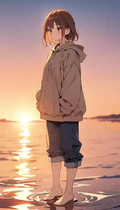 masterpiece, Best Quality, Movie stills,  1 girl,  Relaxed Hoodie、７Cropped trousers、denim、 Sky Reflected on Sea Surface 、Mirror-like water surface、Reflective water surface、I can see your ankles、barefoot、sunset、Beautiful sky, close, bright, happy, Warm and ...