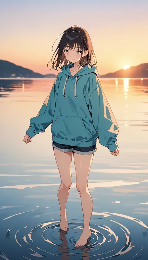 masterpiece, Best Quality, Movie stills,  1 girl,  Relaxed Hoodie、７Cropped trousers、denim、 Sky Reflected on Sea Surface 、Mirror-like water surface、Reflective water surface、I can see your ankles、barefoot、sunset、Beautiful sky, close, bright, happy, Warm and ...