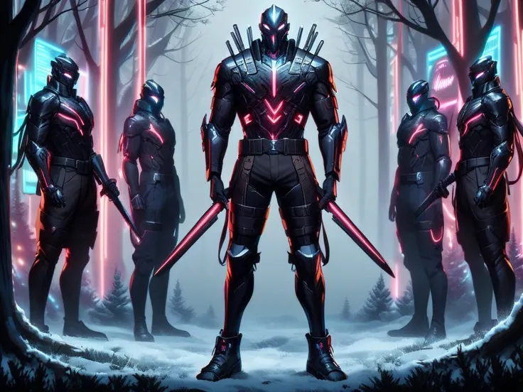 (anime:1.15), a group of cyberpunk samurais in full armor (holding long thin swords in hand), faces covered, black armor with glowing red neon lights, surrounded by thick trees in a frost-covered forest