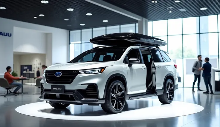 Full side view A futuristic 2025 New model out class design Subaru camper van displayed in a modern Subaru showroom showcase. The showroom features a sleek and spacious design with bright lighting, large glass walls, and minimalist decor. The camper van is...