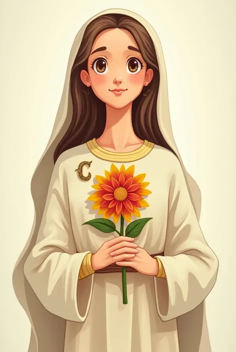 An image of the Virgin Mary holding a dahlia flower in her hands . Cartoon style and that the letter C is displayed on the chest in style.
Various designs