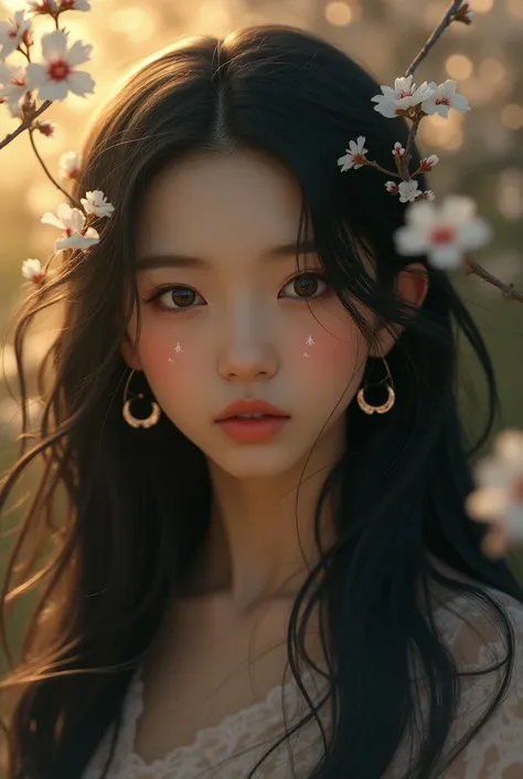 Long-haired girl , shiny hair, Half moon earrings, Tears,  Symbol-shaped pupils, gentle smile, foreground,  First person view ,  motion graphic , hair ornament, Mask,  lines of motion , minimalism, impressionism, Backlighting, Flowering,  in front of a tre...