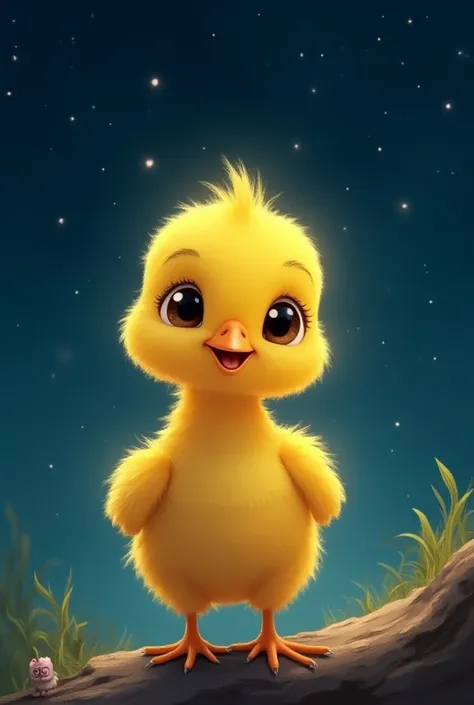 Yellow chick, with the night in the background  