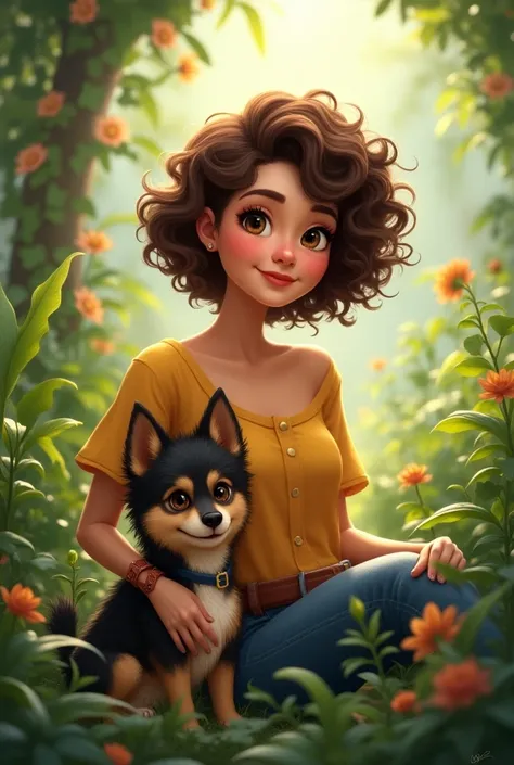 a woman, brown haired, short hair, Curly hair in a garden and her extra small dog with black and brown fur 