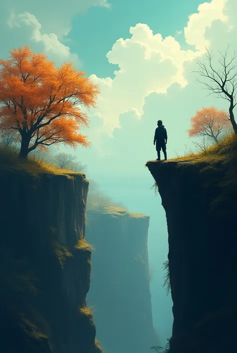  imagine a person ,  standing on the edge of a cliff ,  with an unsettling expression on his face .  There are bright elements of nature around him :  changing trees ,  falling leaves and clouds ,  moving in the sky .