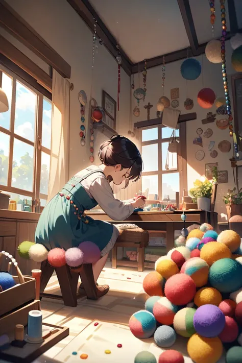  in a sunny room ，A cute girl is sitting by the window ， and focusing on her craft 。Her surroundings are filled with all kinds of colorful wool balls and DIY beads and sewing tools。