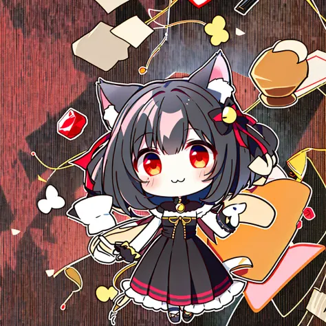 One Girl,Cat ears,(Chibi:1.2),,black hair and red eyes,Full Body Espian, Details, High Resolution ,high quality,be happy