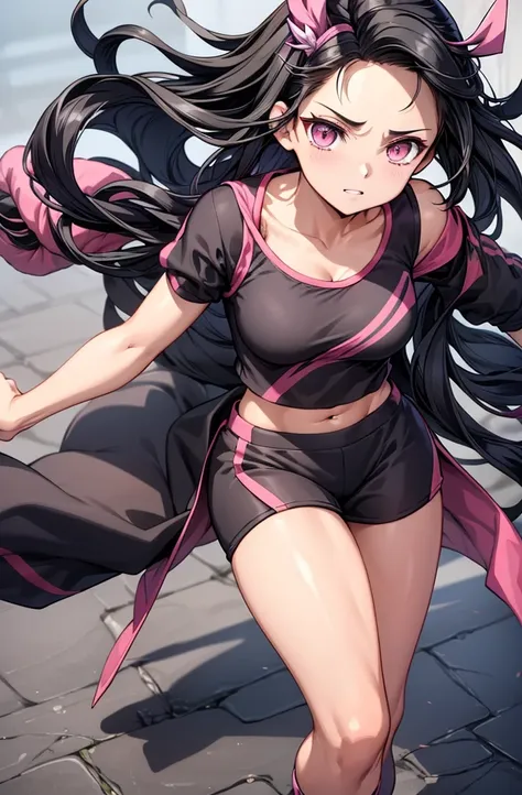 create a highly detailed, full-body image of **nezuko kamado** from **demon slayer**, dressed in a stylish and modern gym outfit...