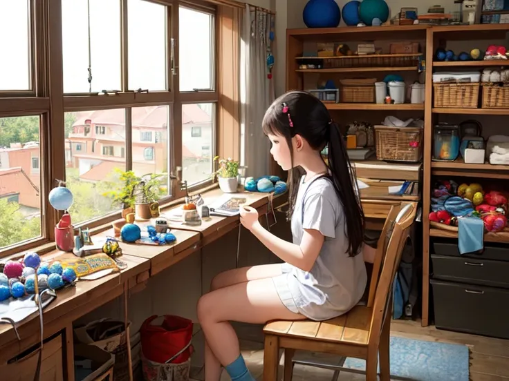  in a sunny room ，A cute girl is sitting by the window ， and focusing on her craft 。Her surroundings are filled with all kinds of colorful wool balls and DIY beads and sewing tools。