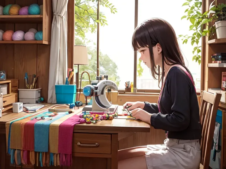  in a sunny room ，A cute girl is sitting by the window ， and focusing on her craft 。Her surroundings are filled with all kinds of colorful wool balls and DIY beads and sewing tools。