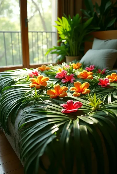 Create a birthday bed decoration on a queen size bed using coconut palm leaves and flowers only. 