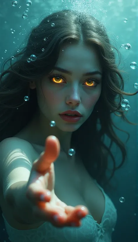 under water, a woman ,  looks half-turned, beckons with his hand: mysterious flickering look ,  will look at your soul with a threat and promise , eyes are glowing, light in the eyes, cheese, sensually, bright lips, Emotional surrealist art, beautifulе и ж...