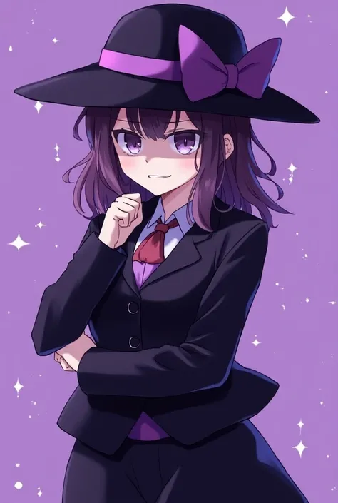 1girl, black hat with purple stripe, black suit, bow on hat, bow tie, purple hair, purple eyes, purple effects, detailed background, detailed hair, epic, full body, portrait, anime style, frowned eyebrows, grin, angry