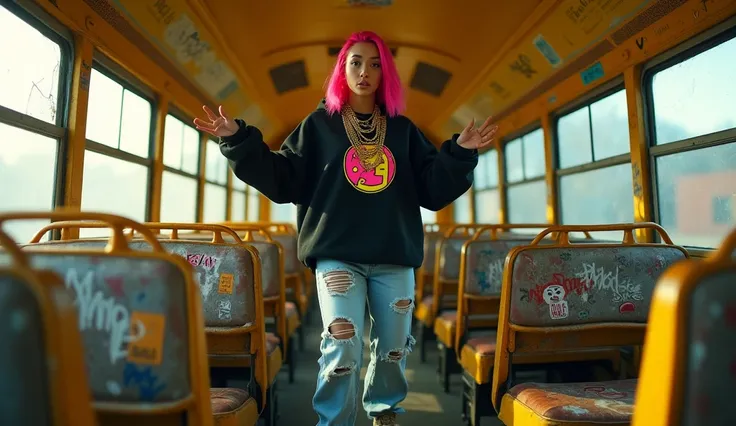 (masterpiece, best quality:1.2),
(8K, ultra-detailed, hyper-detailed, RAW photo quality, Unreal Engine rendering:1.3),
(view of the inside of an old yellow school bus, with worn-out seats and graffiti-covered walls:1.5),
(a female rapper with vibrant pink ...