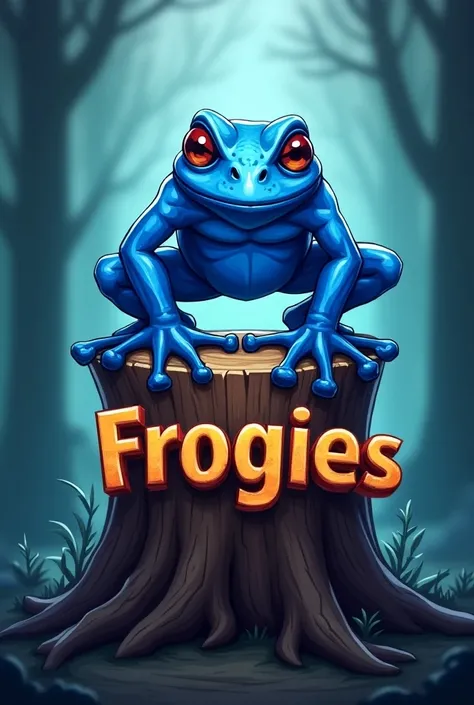  I want you to create a logo of a frog ,  the frog must be blue and light blue because we want it to be similar to a glass frog,  I want it to be above a trunk and below it the name *frogies * which is the name of my list .  The frog must have a somewhat t...