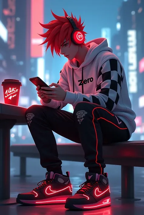 A futuristic anime-style character sitting on a bench, wearing a white hoodie with black-and-white checkered sleeves. The hoodie is branded with the word Z3R0. The character has vibrant red, spiky hair and is wearing large red headphones. He is engrossed i...