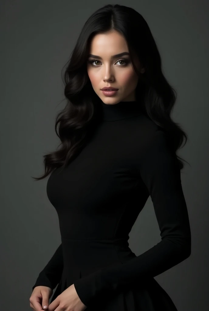 Create a realistic profile picture of a beautiful woman with dark hair and eyes. She is wearing a black high-neck midi dress with long sleeves, set against a gray background. The image should capture her well-defined hands and feature perfect features and ...