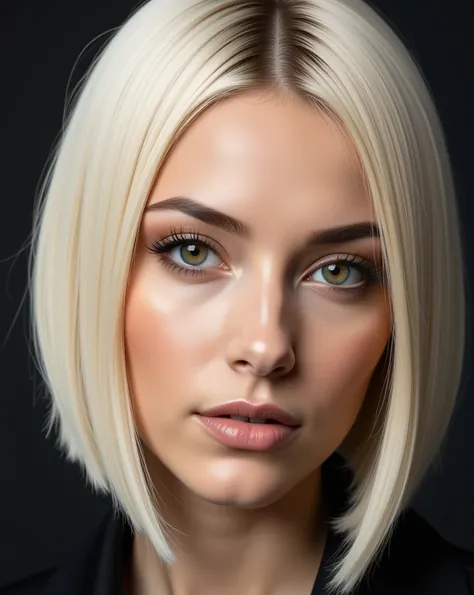 close-up portrait of nexia a young woman with a striking asymmetrical haircut:
a short, asymmetrical blonde haircut with one sid...