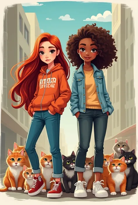 Réalises une photo avec deux filles (une rousse cheveux long lisses avec un style streetwear) et une autre cheveux bouclés brun style streetwear aussi qui bossent pour une association qui sappelle Kittens cartel. Il faut quelles soient entourées de petits ...