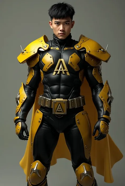 ultra-detailed,Realistic,Physically based rendering,(portrait,conceited artists),Indonesian face man standing in cool pose,superhero halilintar theme,lightning wind power,black costume wrapped in yellow iron is very extraordinary with the letter a symbol o...