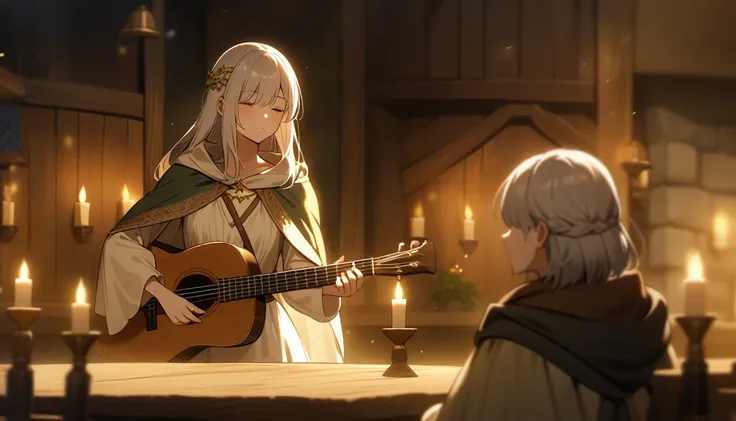 A serene medieval fantasy scene inside a warmly lit tavern, where a female bard with long, light-colored hair is playing a guitar. She is wearing a flowing white dress with a cloak draped over her shoulders, adorned with golden decorations. The atmosphere ...