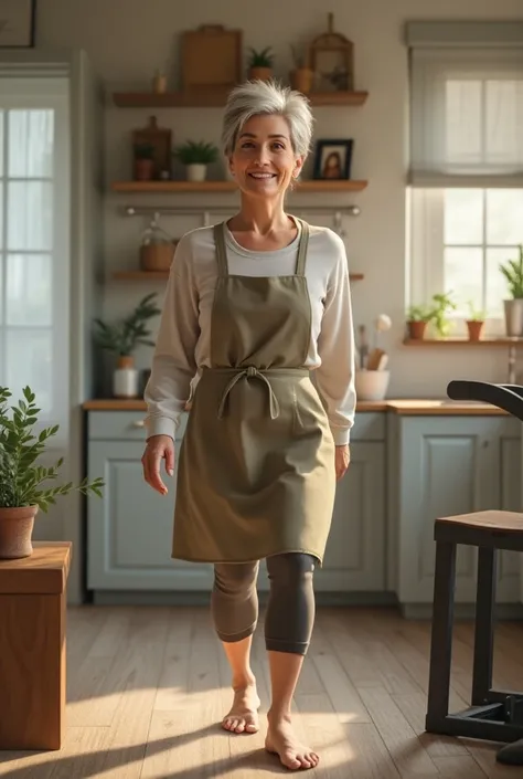 An image on the occasion of Mothers Day . 
 A woman at home doing household chores ,  but at the same time observing her commitment to the gym and physical activity as part of her daily life