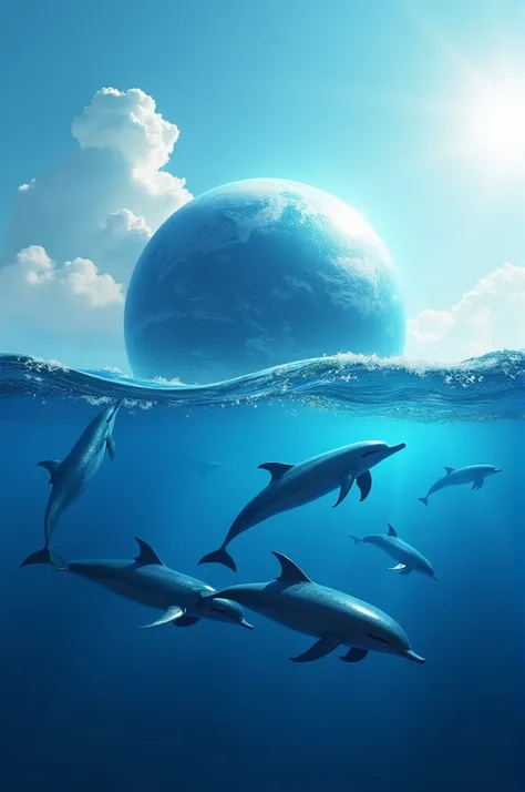 create a blue planet image with dolphins around