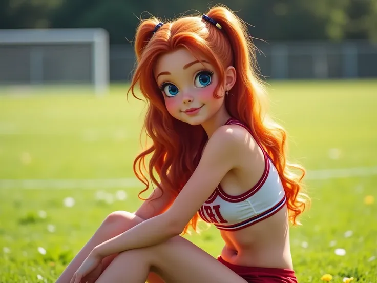 Sunlit Confidence: Sitting on the field during a sunny day, the red-haired cheerleader poses with one leg bent, resting her arms casually on her knee. Her mini top and bikini contrast against the bright green grass, while her large blue eyes and small feat...