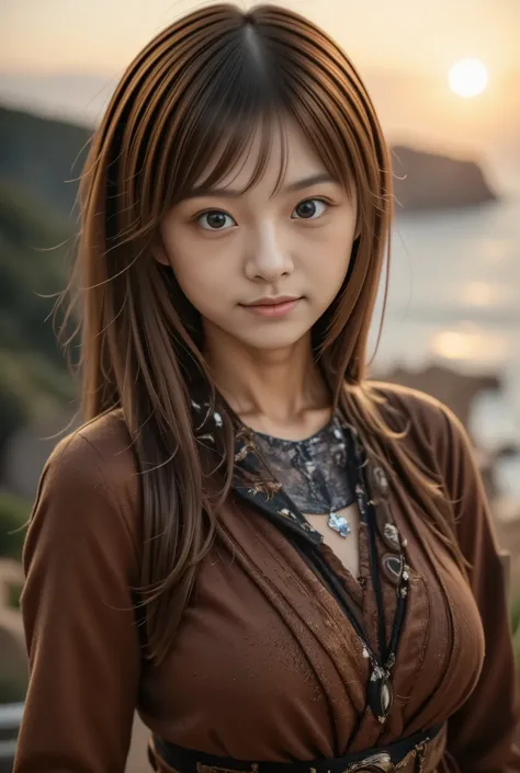 photo of Japanese girl, focus on the eyes, 1girl, long hair, light brown hair, slim body shape, high contrast, detailed eyes, detailed hair, Position your eyes closer to your nose, 20yo, 

Japanese girl. Layered skirts fusing earthy colours, textured tops ...