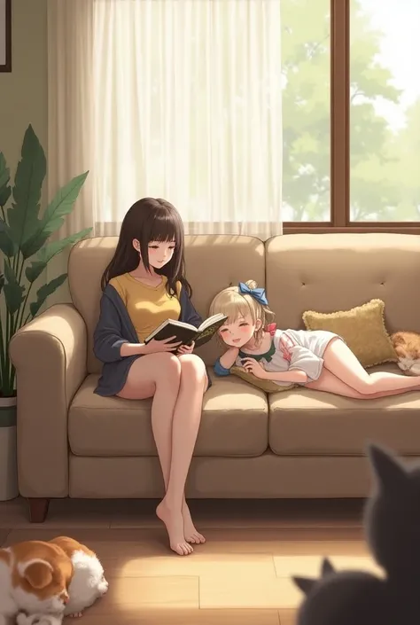 Two sisters chilling in living room (one is reading book sitting and one is using smart phone laying down on another sisters lap on big couch ) with a Japanese spitz and a cat . 