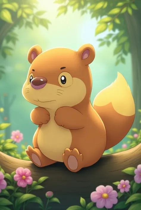  Bidiza sits on a tree trunk and looks curiously at The environment .   while surrounded by colorful flowers .  The sun shines softly on his soft coat .  Bidiza is a small ,  beaver-like Pokémon with a plump body ,  brown fur and a lighter belly color .  T...