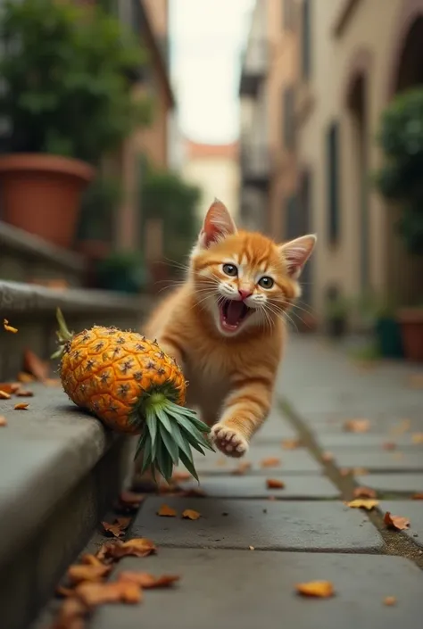 Milo, the orange kitten, slipping on a step and dropping the pineapple. The moment is frozen in time, with the pineapple mid-air about to hit the ground, pieces already starting to break. Milos eyes are wide with shock as he falls, his paws outstretched. T...