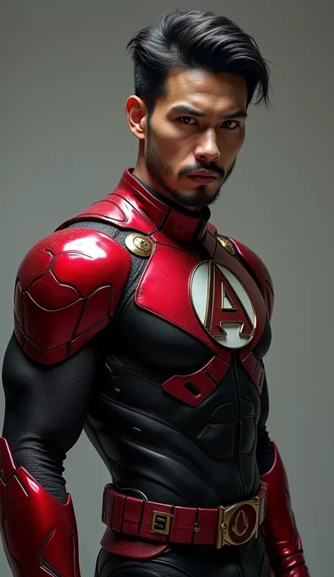 ultra-detailed,Realistic,Physically based rendering,(portrait,conceited artists),Indonesian face man standing in cool pose,superhero halilintar theme,lightning wind power,black costume wrapped in red iron is very extraordinary with the letter a symbol on t...