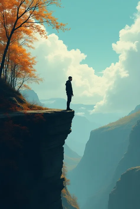  imagine a person ,  standing on the edge of a cliff ,  with an unsettling expression on his face .  There are bright elements of nature around him :  changing trees ,  falling leaves and clouds ,  moving in the sky .