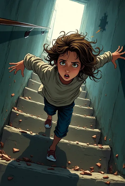 Frightened girl running away from a place down the stairs, environment with more light, comic book style 