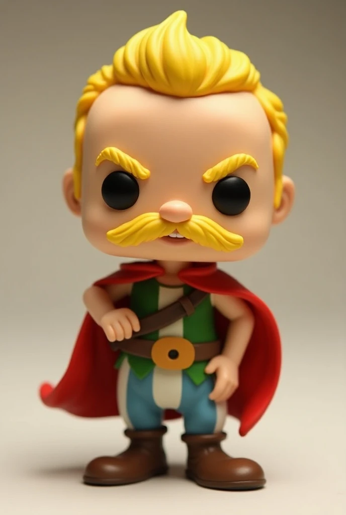 A funko pop of Cacofonix, bard from Asterix, Blonde, mustache, red cape