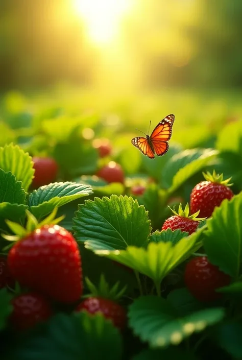 A strawberry patch with bright red strawberries peeking out from the green leaves, while a butterfly flits nearby in the warm sunlight.